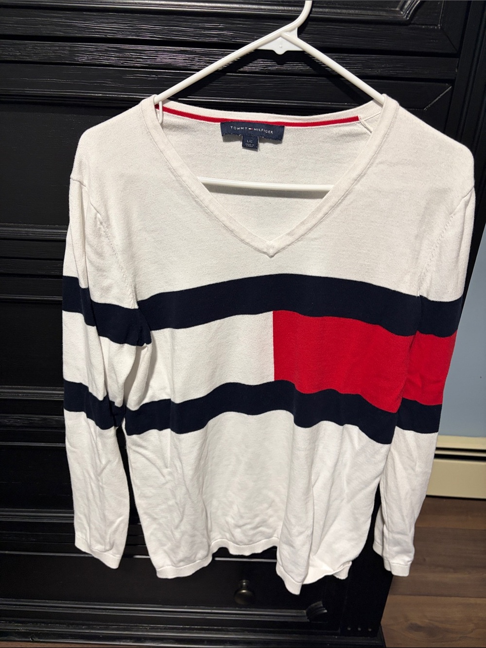 Tommy Hilfiger White V-Neck Sweater with Navy Stripes and Red Block